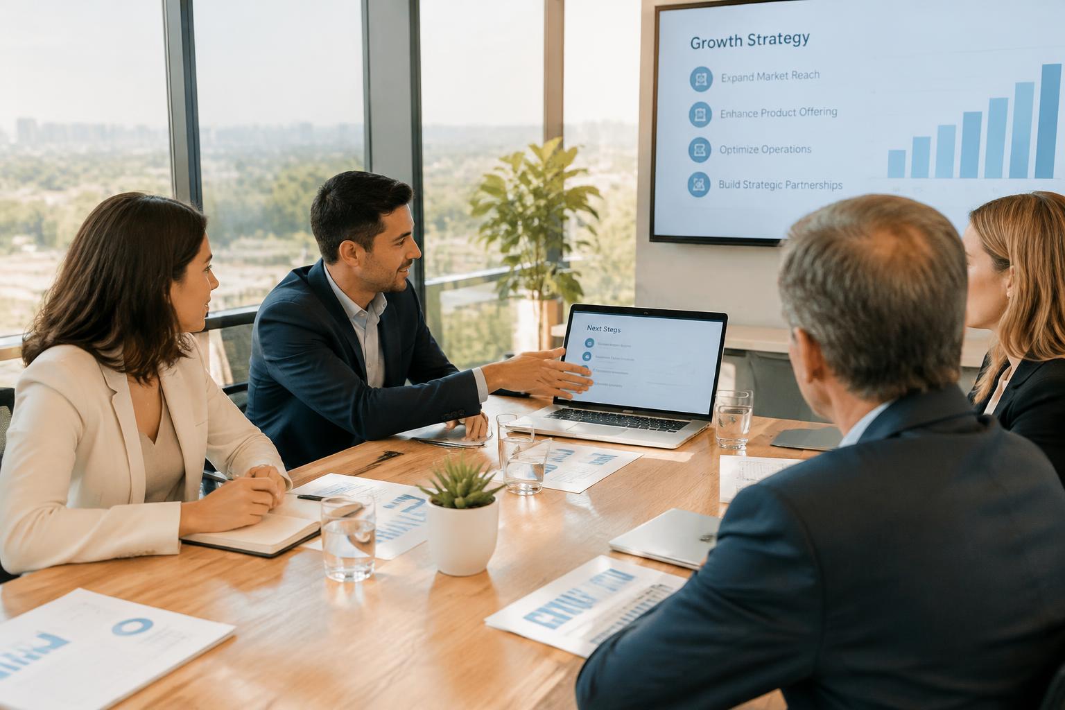 Consulting team presenting a client deliverable in a meeting room