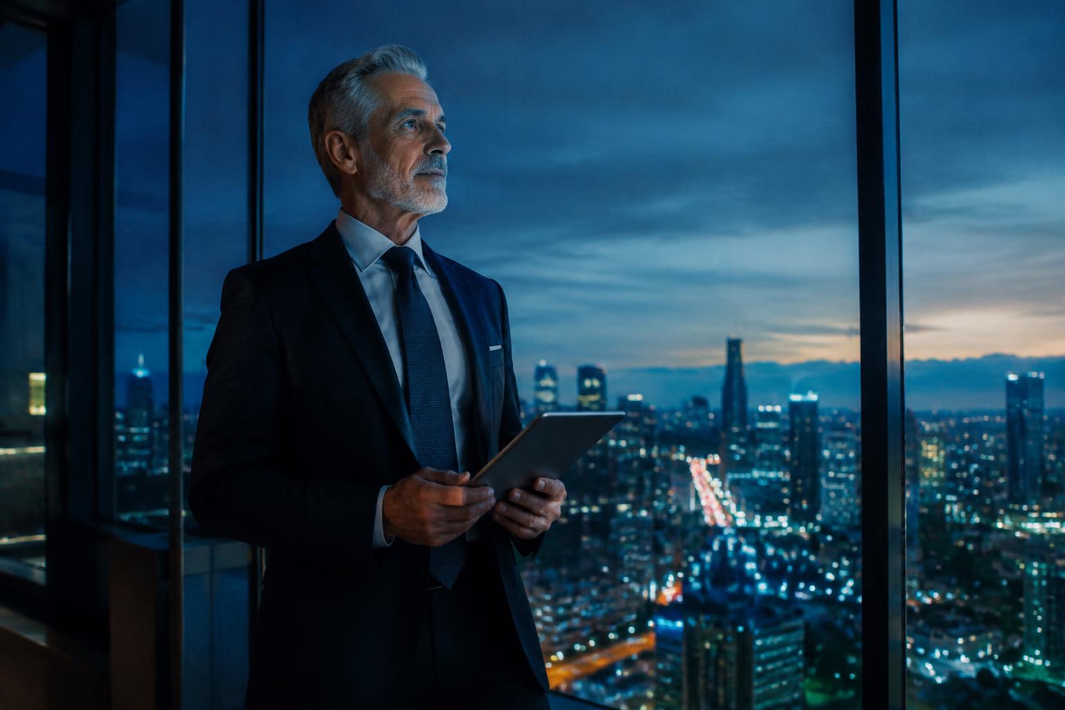 Executive with a tablet overlooking a city skyline at dusk